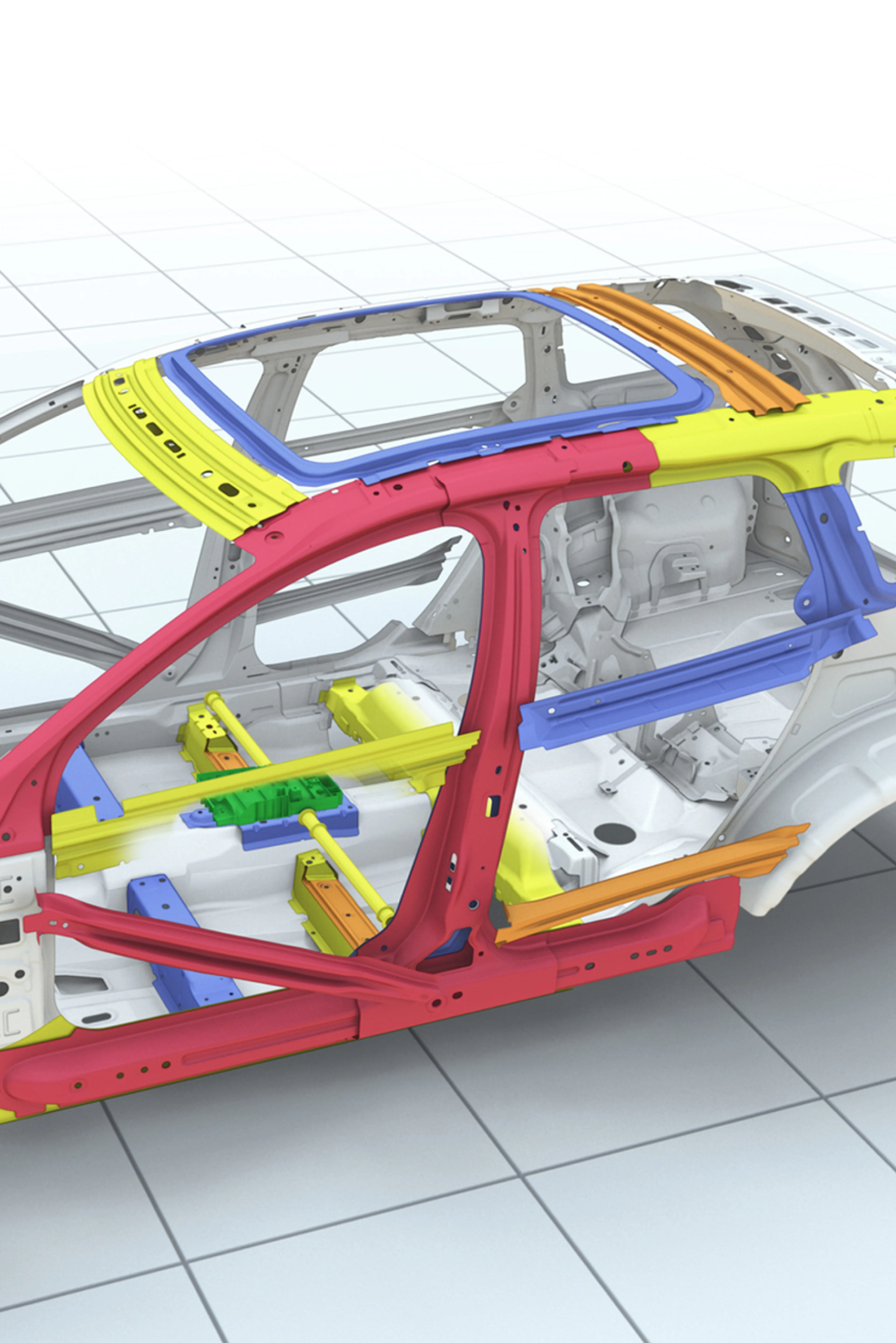 车辆底盘视图,某些部件涂有不同颜色。