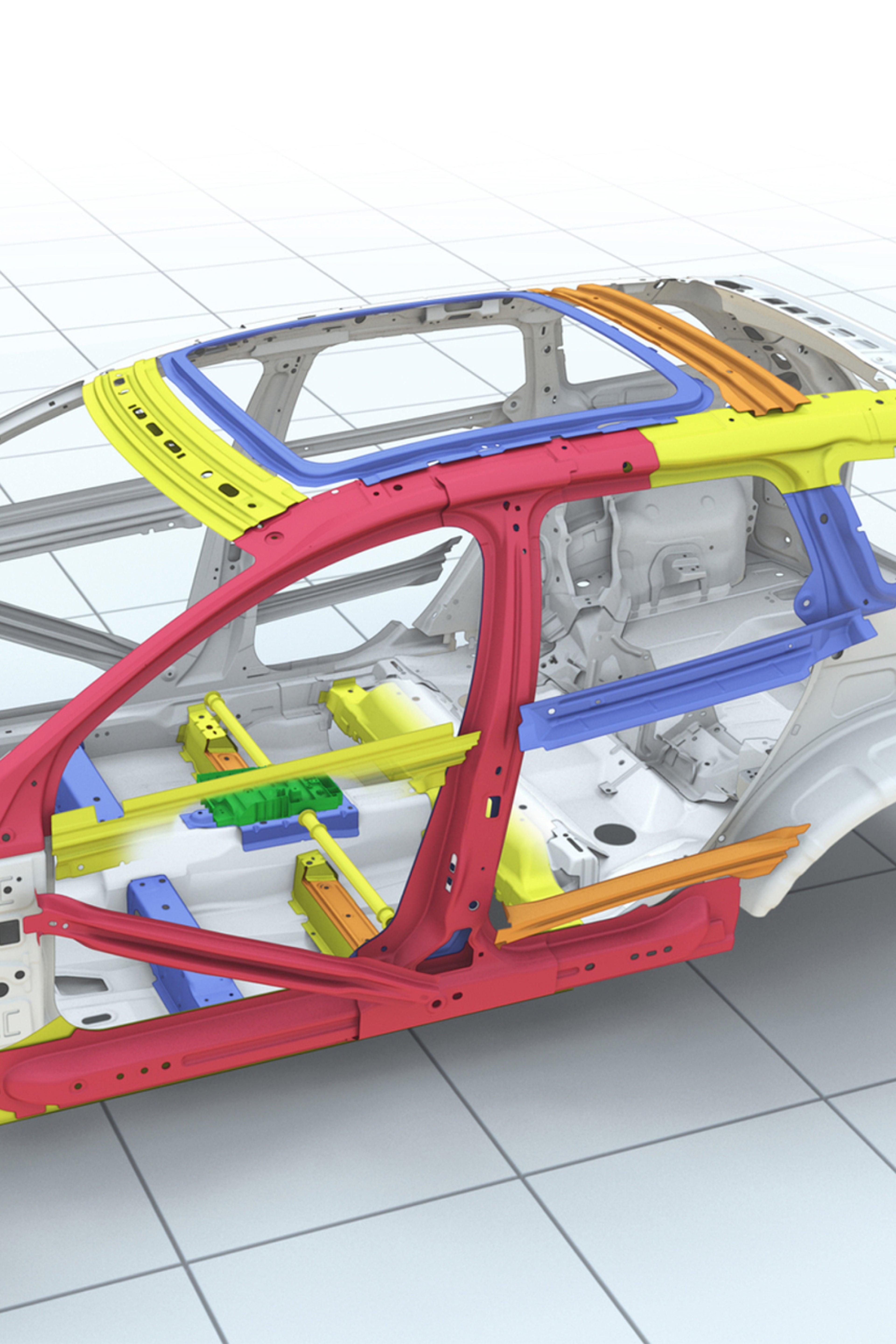 车辆底盘视图,某些部件涂有不同颜色。
