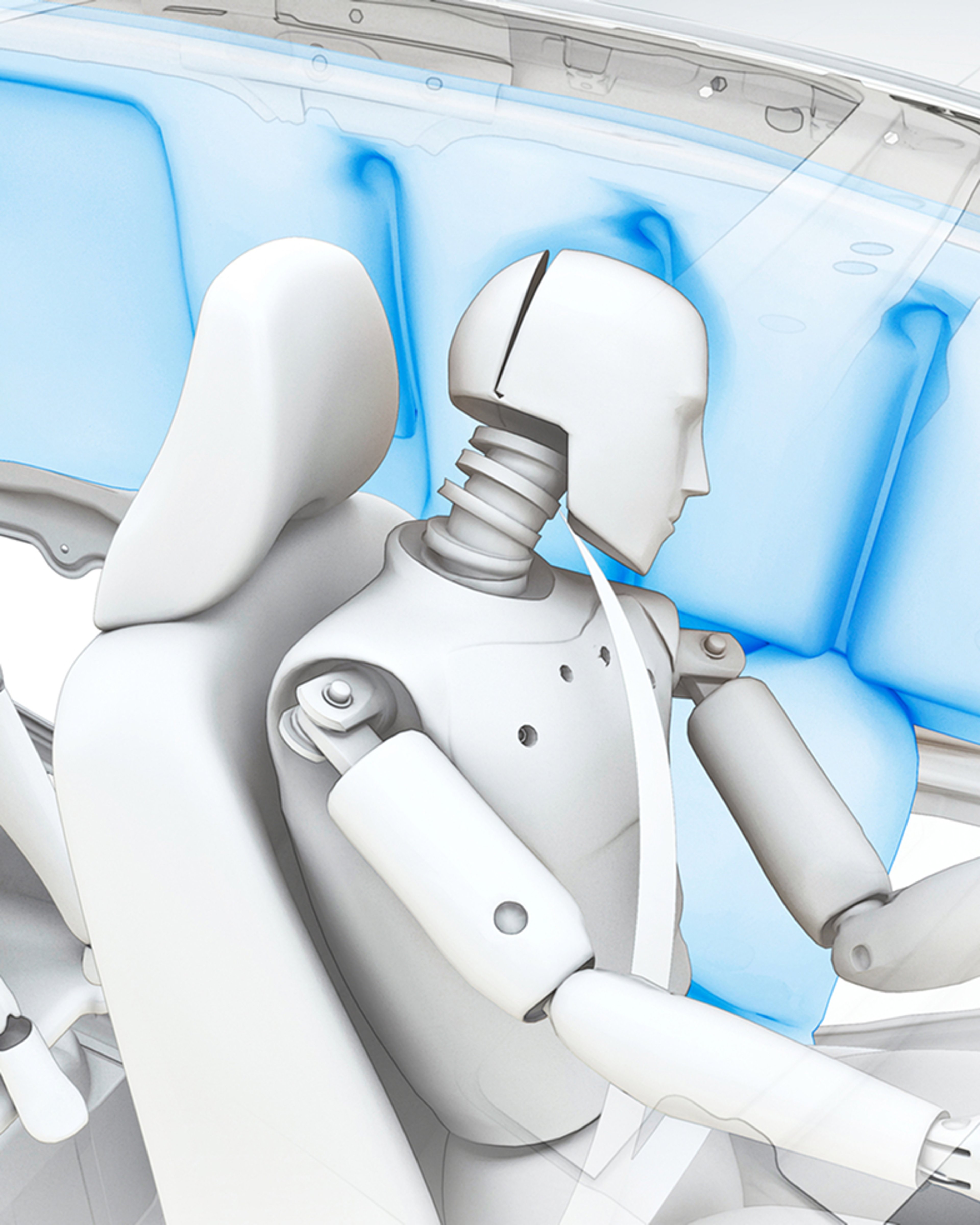 碰撞测试假人坐在车内,蓝色侧充气帘展开的画面。