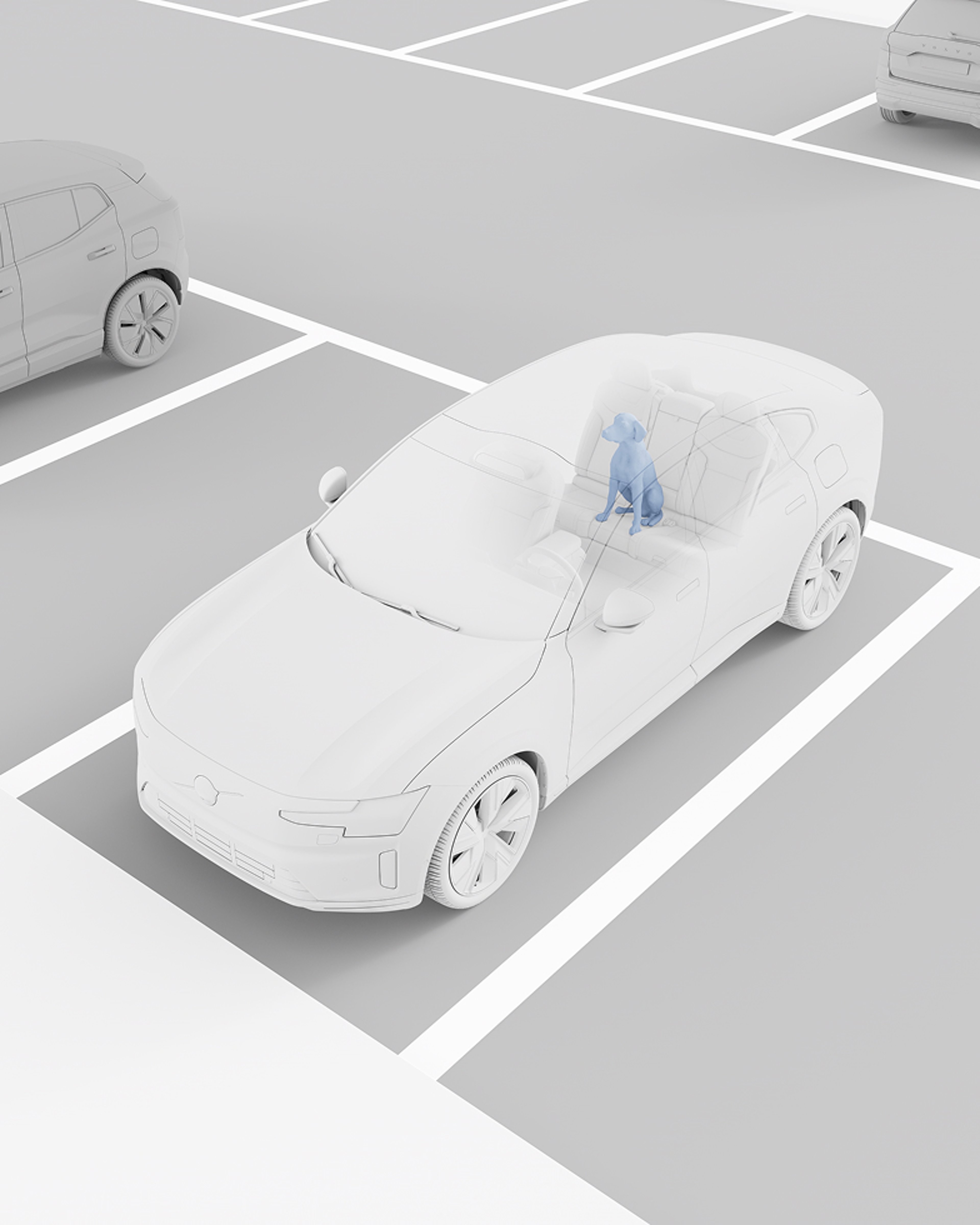 停在停车位的白色沃尔沃汽车的粘土效果俯视图,蓝色数字显示后座上的一只狗。