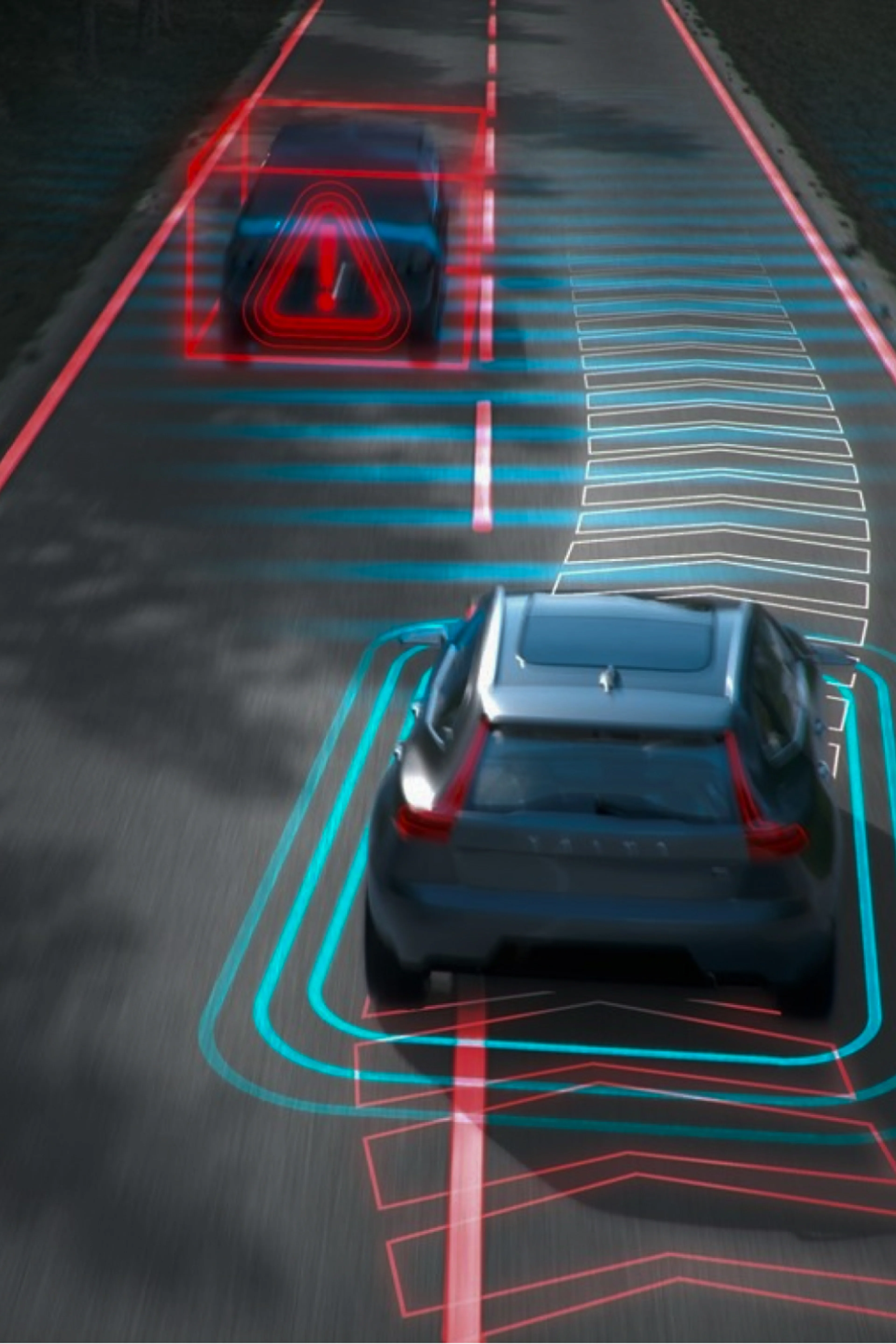 一辆沃尔沃汽车在高速公路上行驶,配以数字标志展示对向车辆智能避让功能。