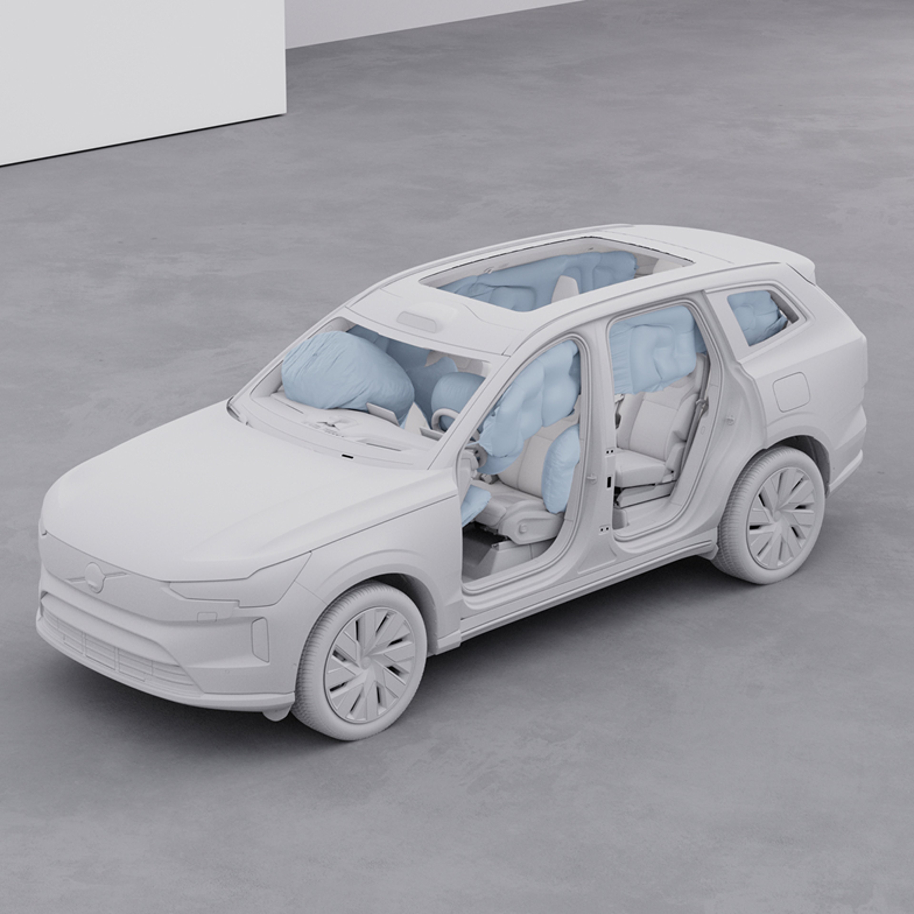 一辆安全气囊已展开的沃尔沃 SUV 的粘土效果顶视图。