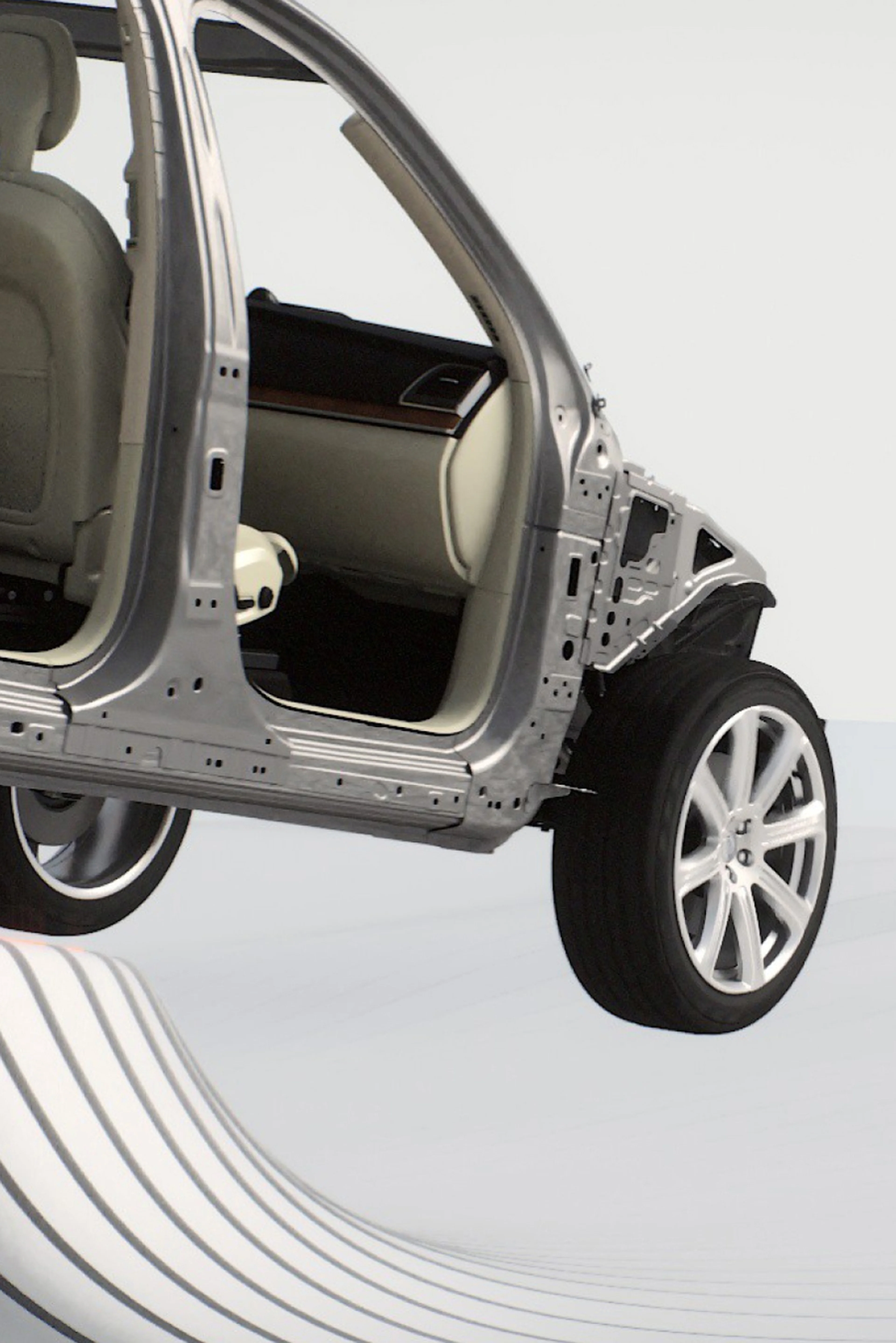 车辆底盘和内部侧视图。车前还有一个灰色和黑色的盒子。