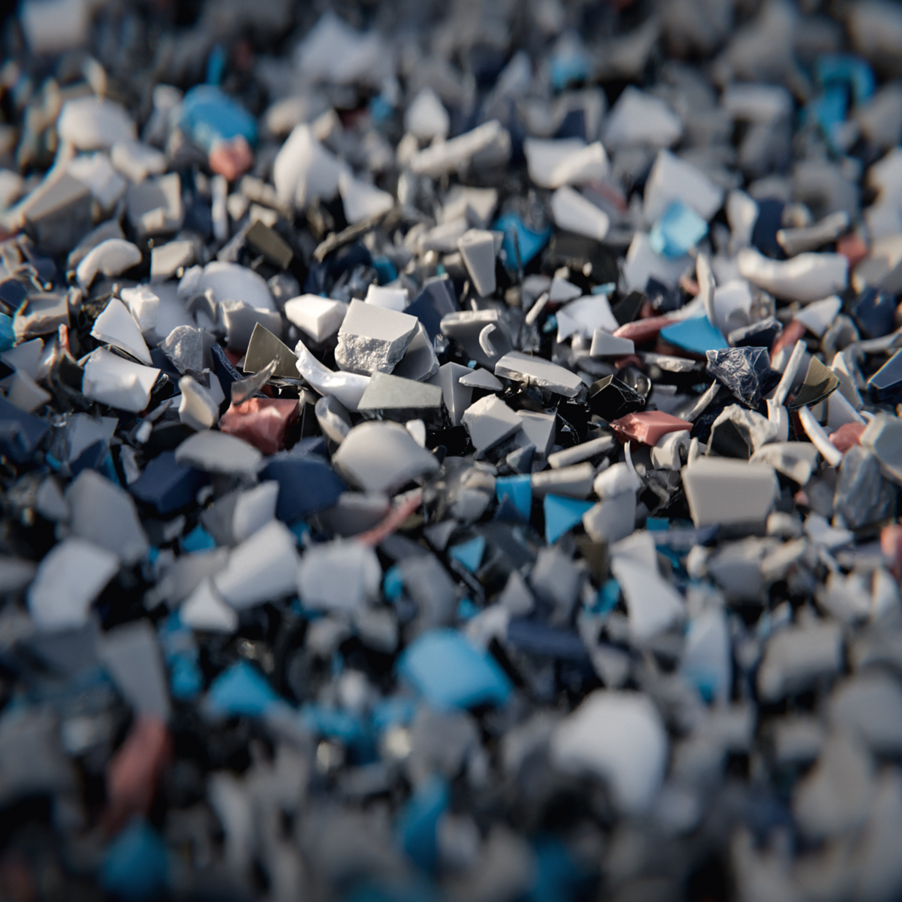 沃尔沃再生塑料装饰中使用的小塑料薄片图片。这些薄片来自可转化为汽车内饰颗粒的废弃PVC 窗框和卷帘。