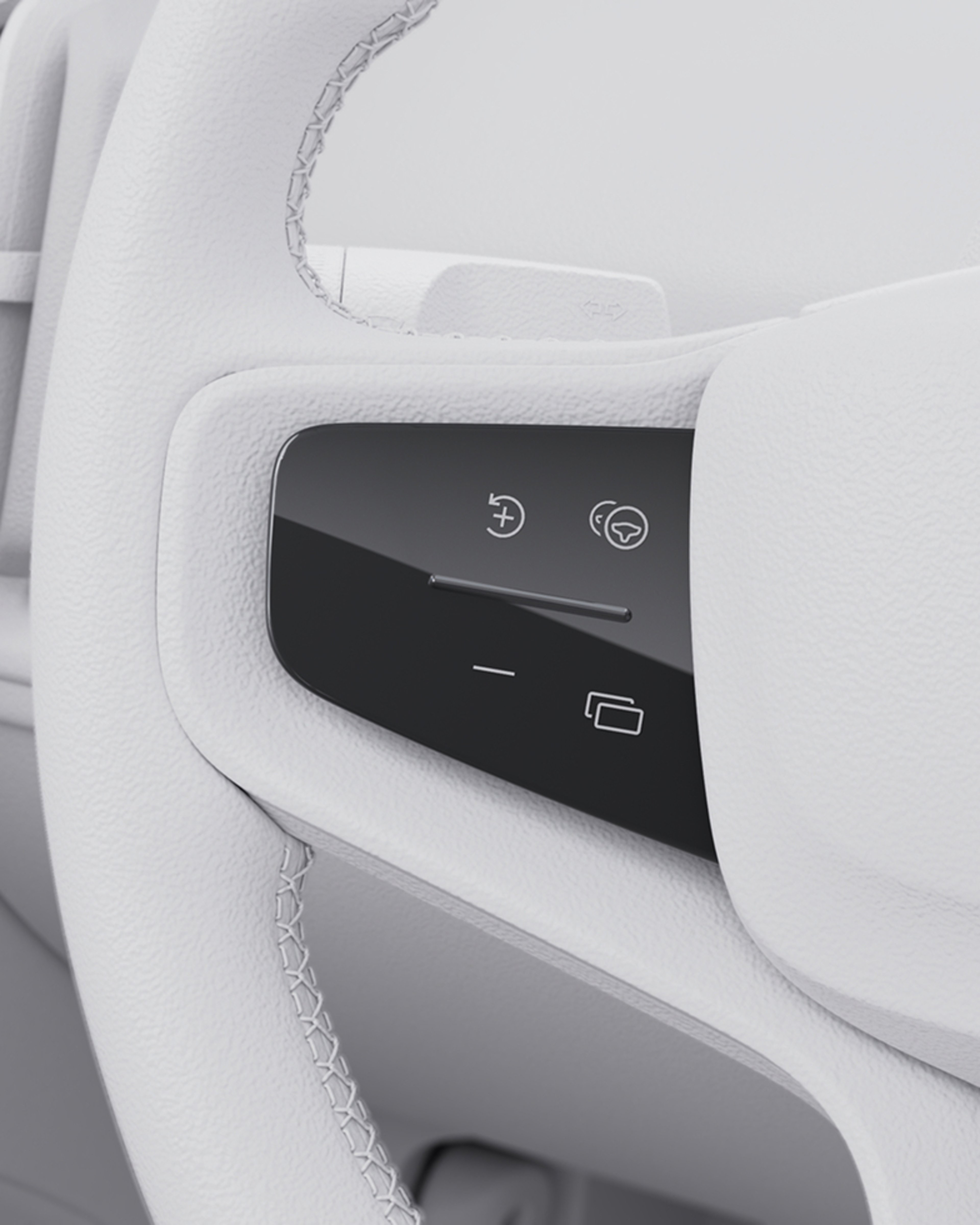 沃尔沃方向盘的数字渲染特写,显示内置按钮。