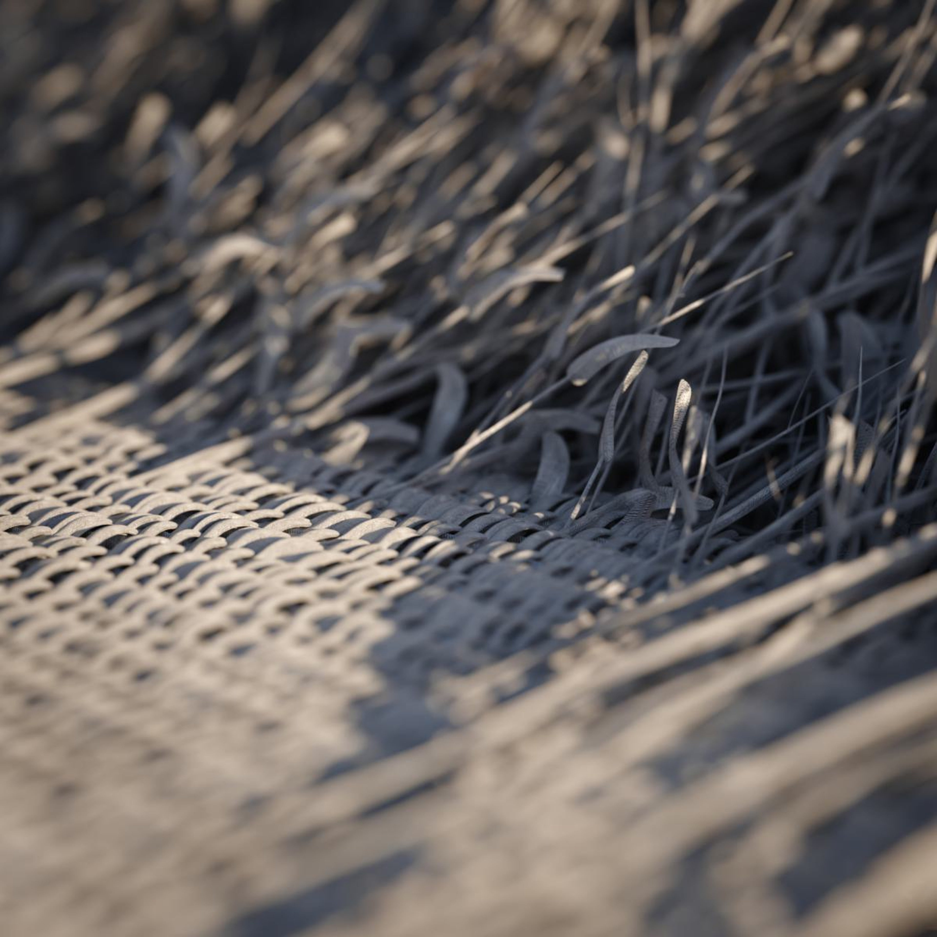 亚麻纤维细节图片,该纤维来源于亚麻籽植物,可编织成天然织物。该图片突出了亚麻织物的细丝和纹理。