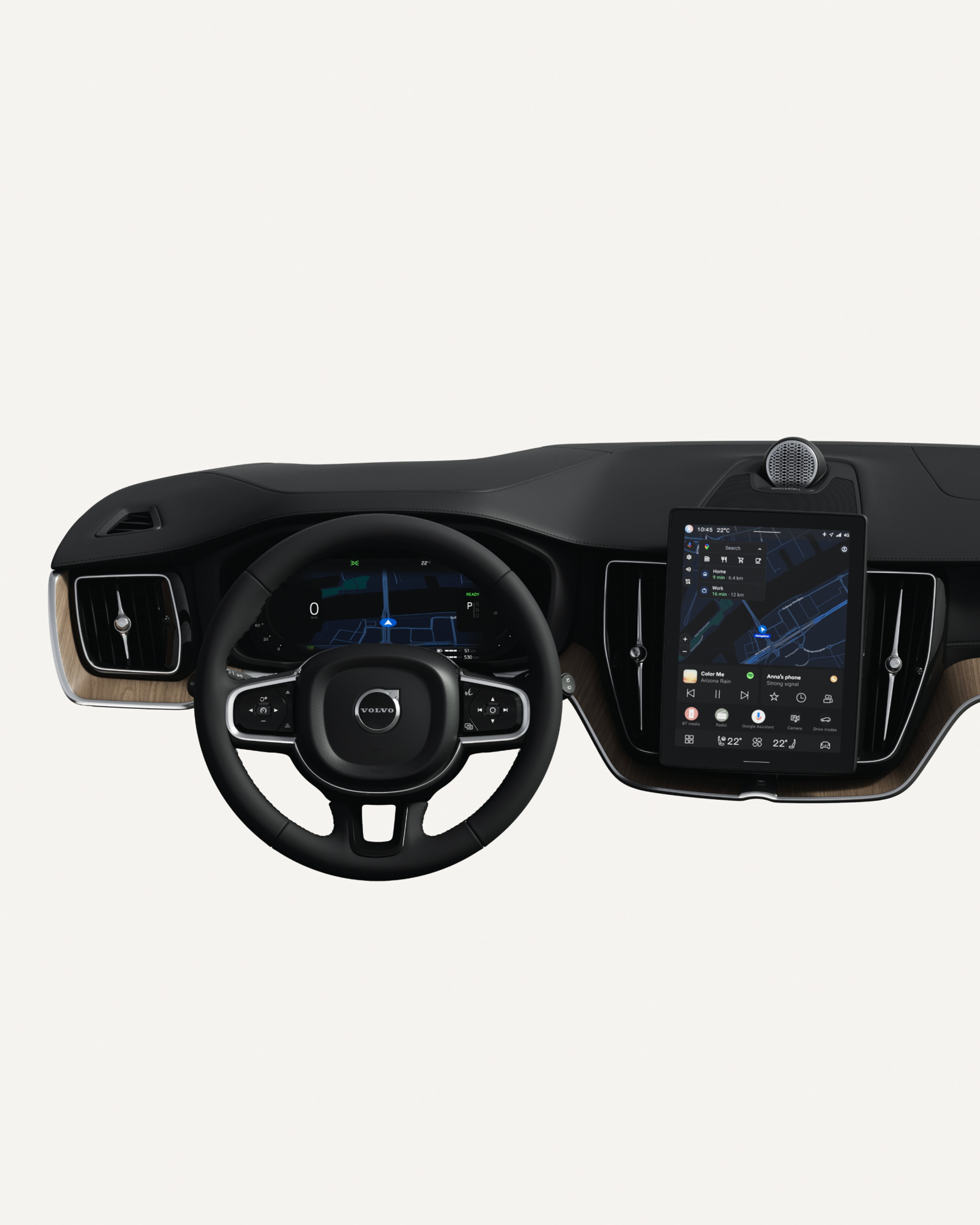 沃尔沃全新 XC60 仪表盘,包括方向盘和触摸屏的俯视图。