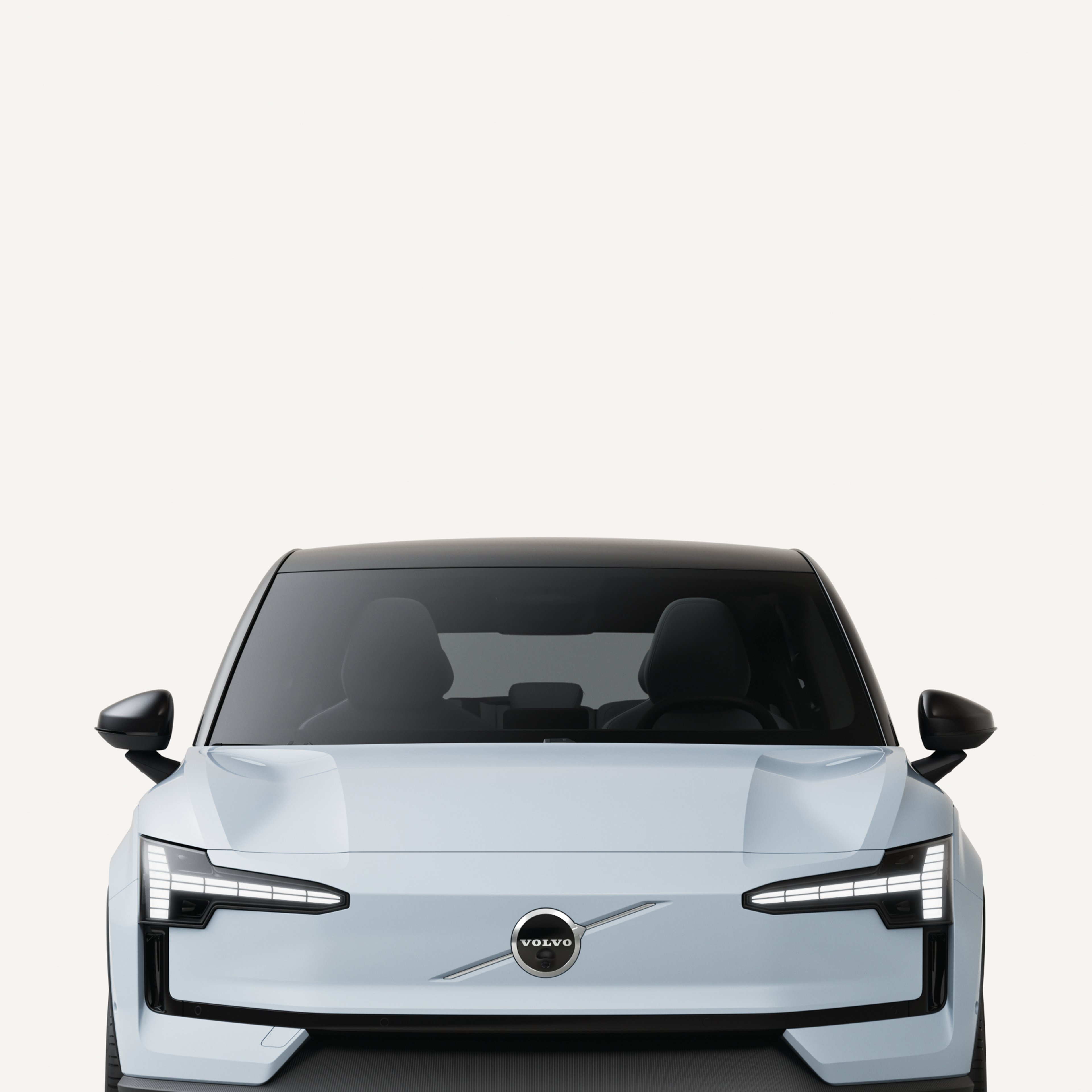 正面视图展示了白色工作室环境中一辆Volvo EX30 Pure电吉他精致的正面。