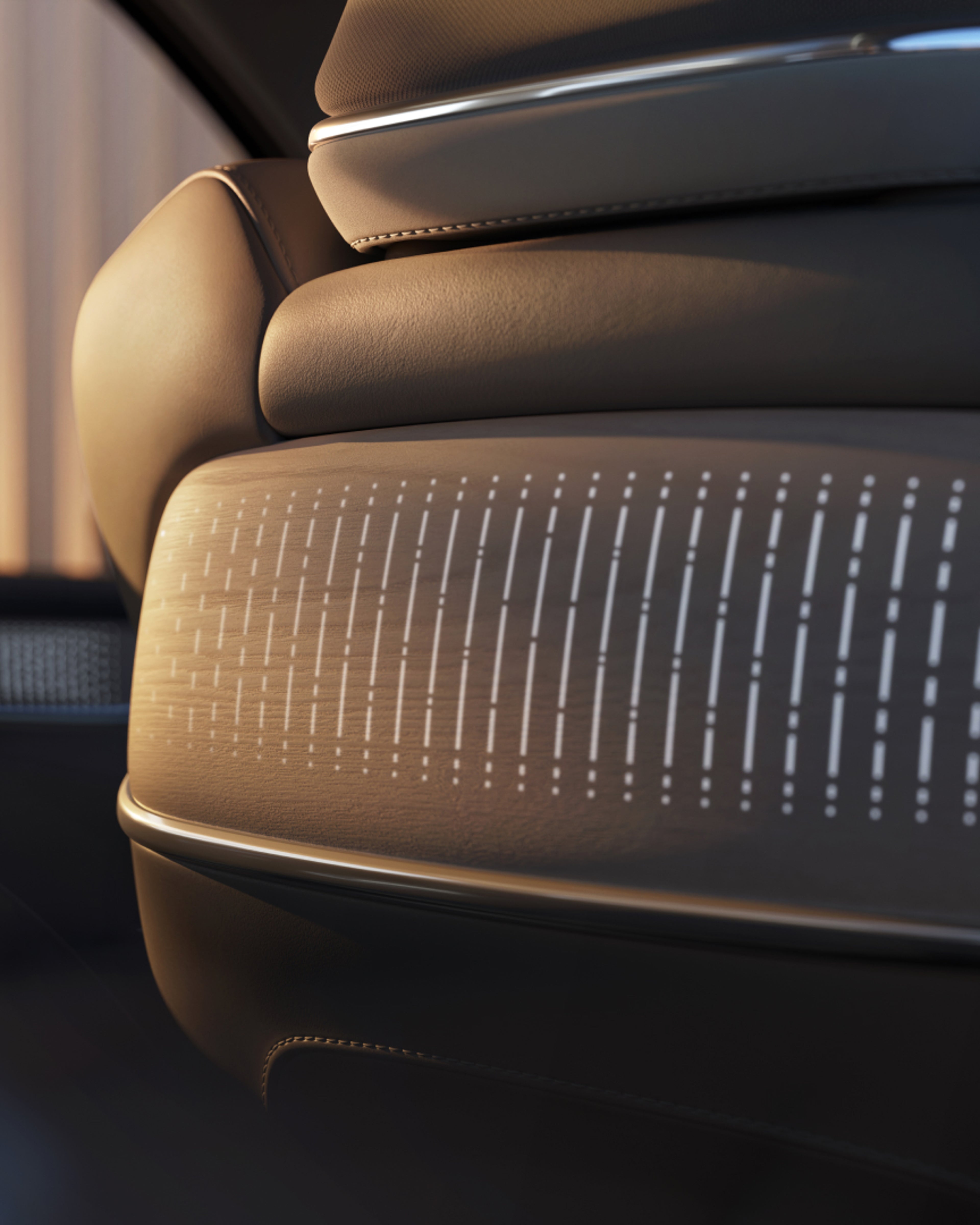 沃尔沃 EM90 车内的真木透光饰板表面,采用全行业唯一的木皮镭雕工艺,将竹纹图案装饰其上。