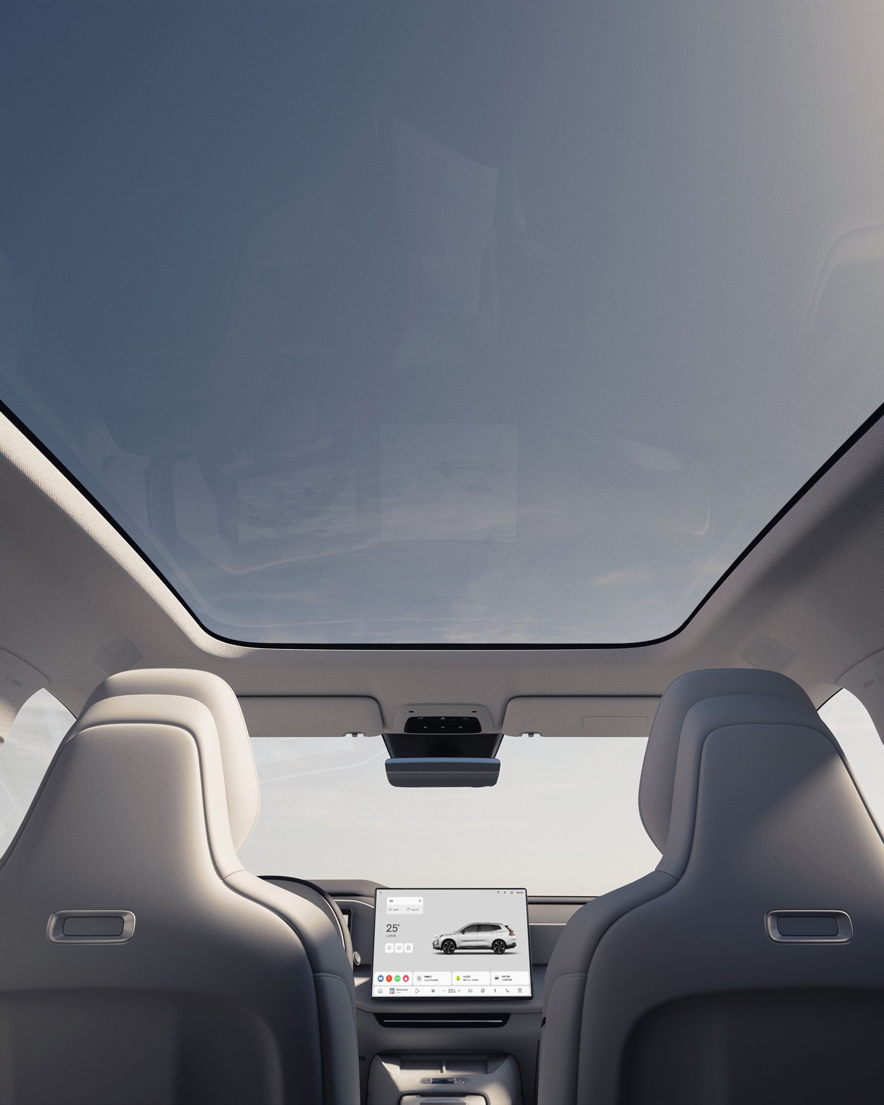 沃尔沃 XC70 全景玻璃车顶的内部视图。