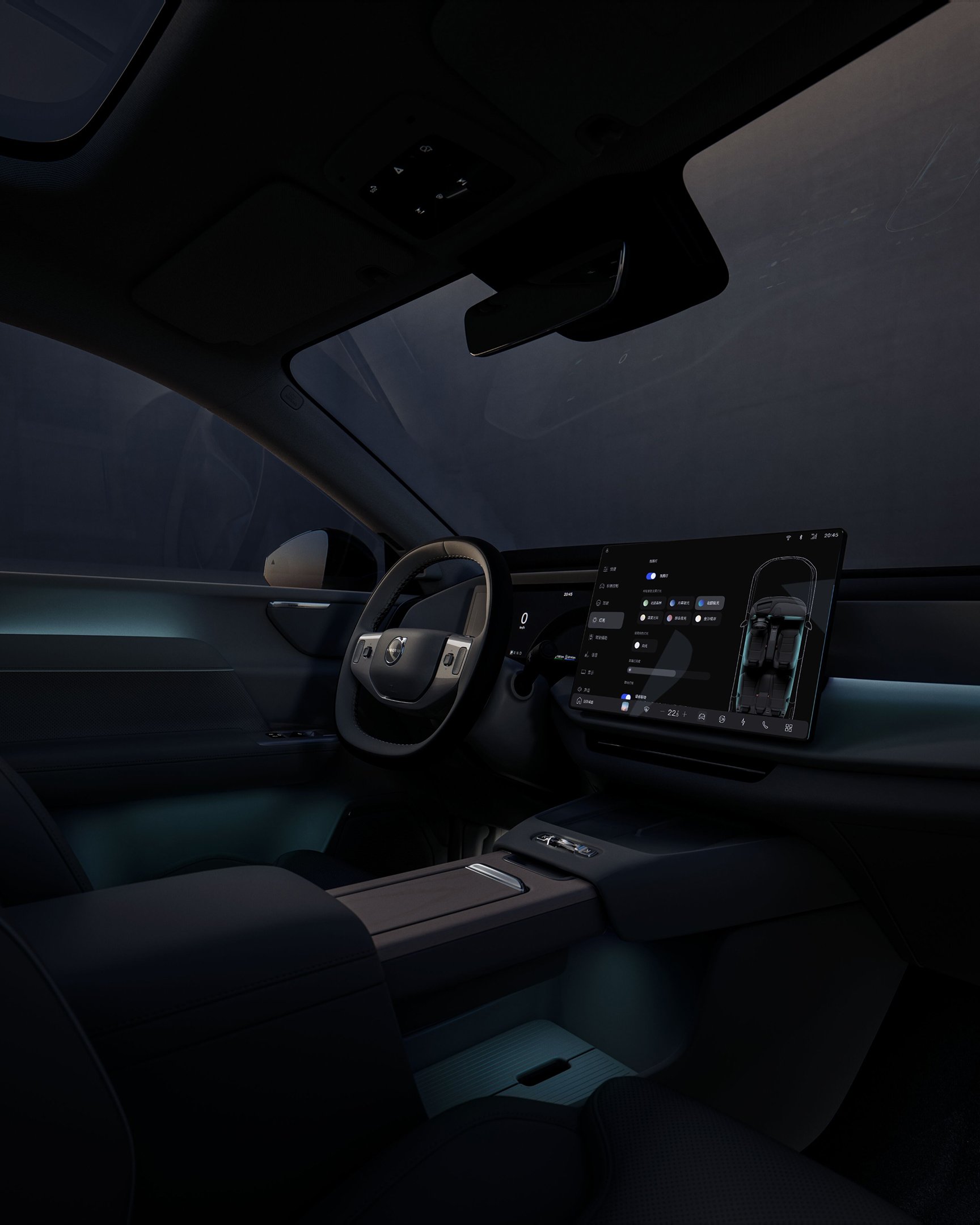 沃尔沃 XC70 驾驶员座椅区域的氛围照明。