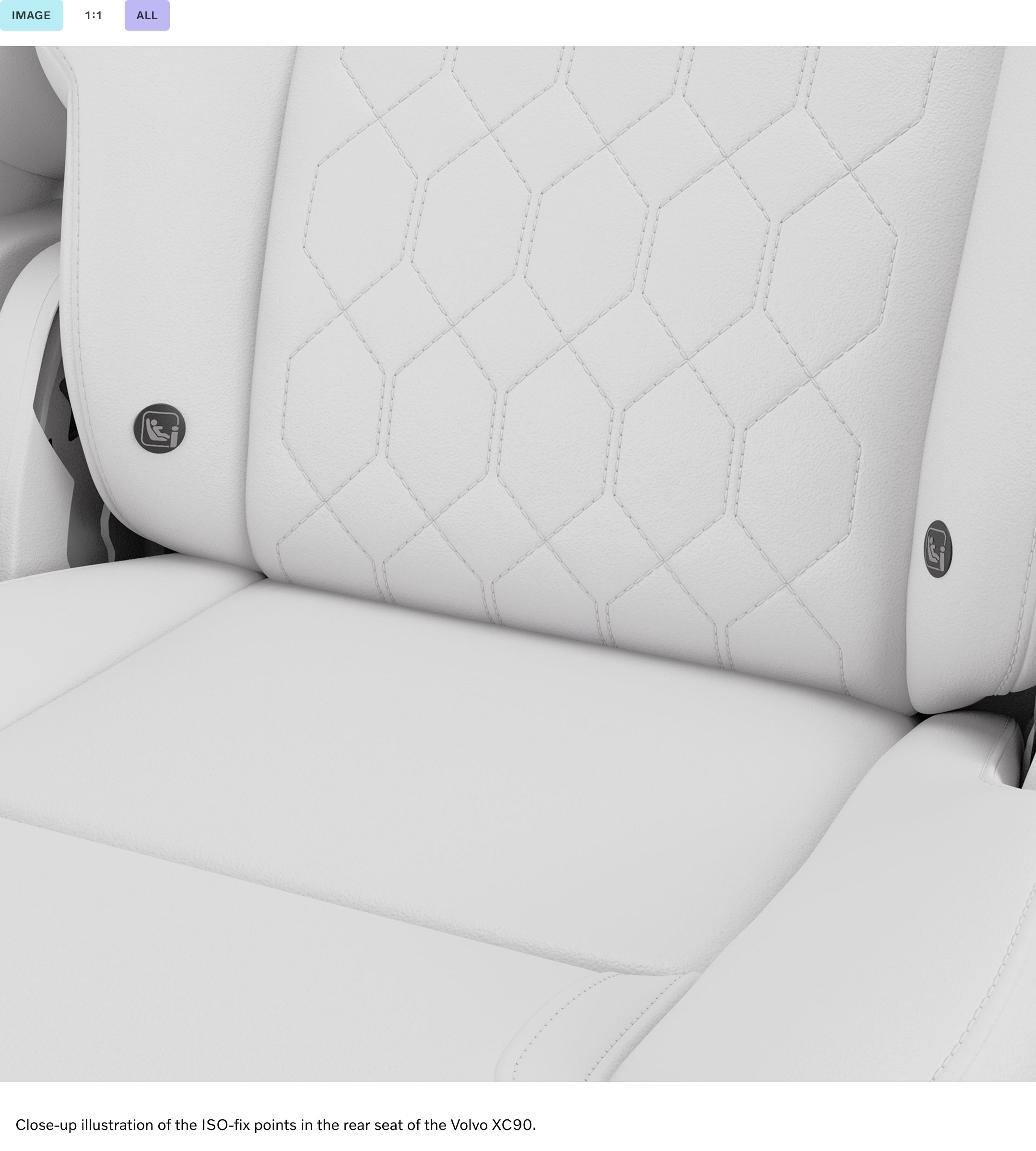 沃尔沃 XC90 后座 ISO 固定点的特写图。