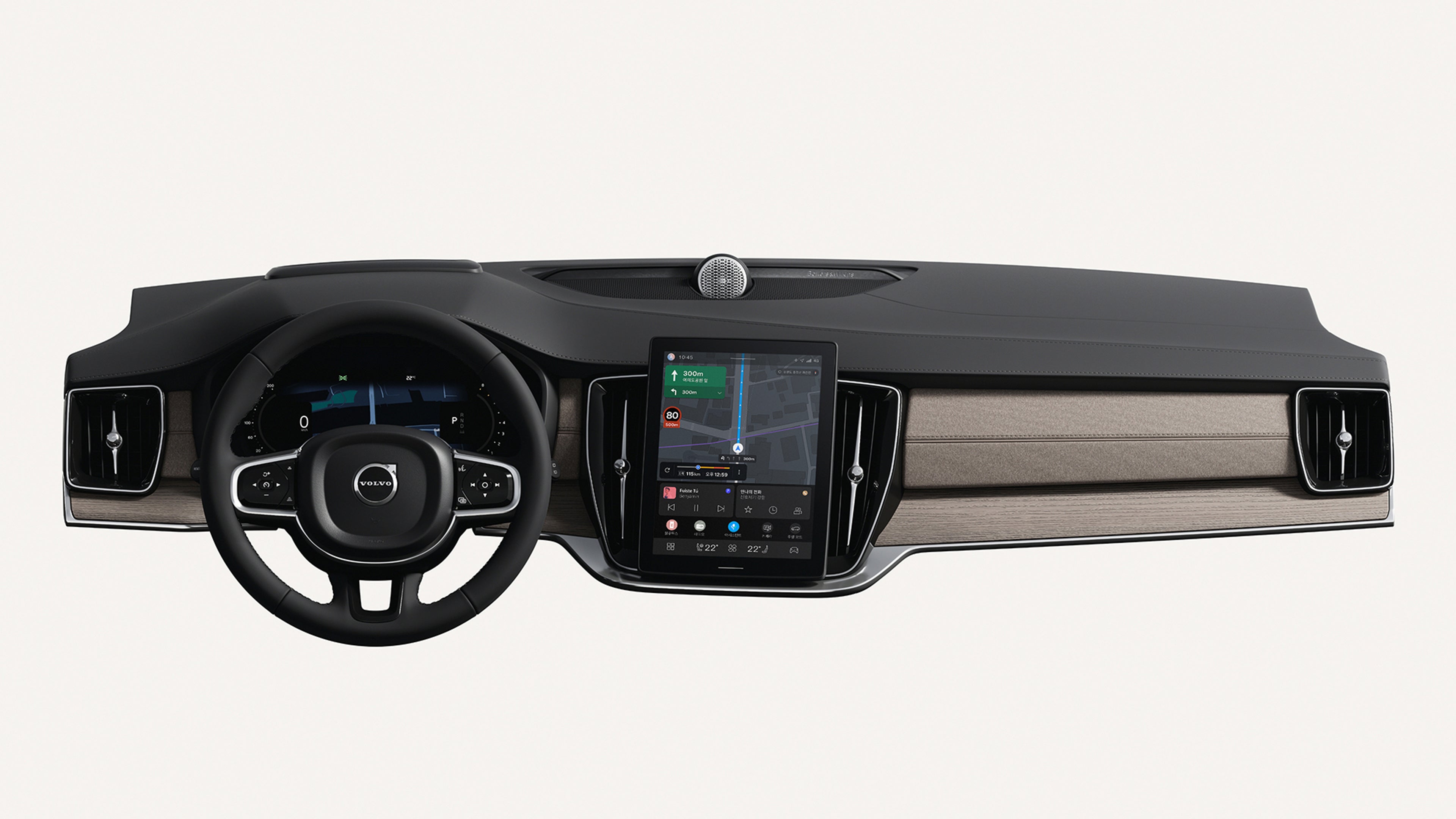沃尔沃 XC90 仪表盘车内视图,包括方向盘和触摸屏。