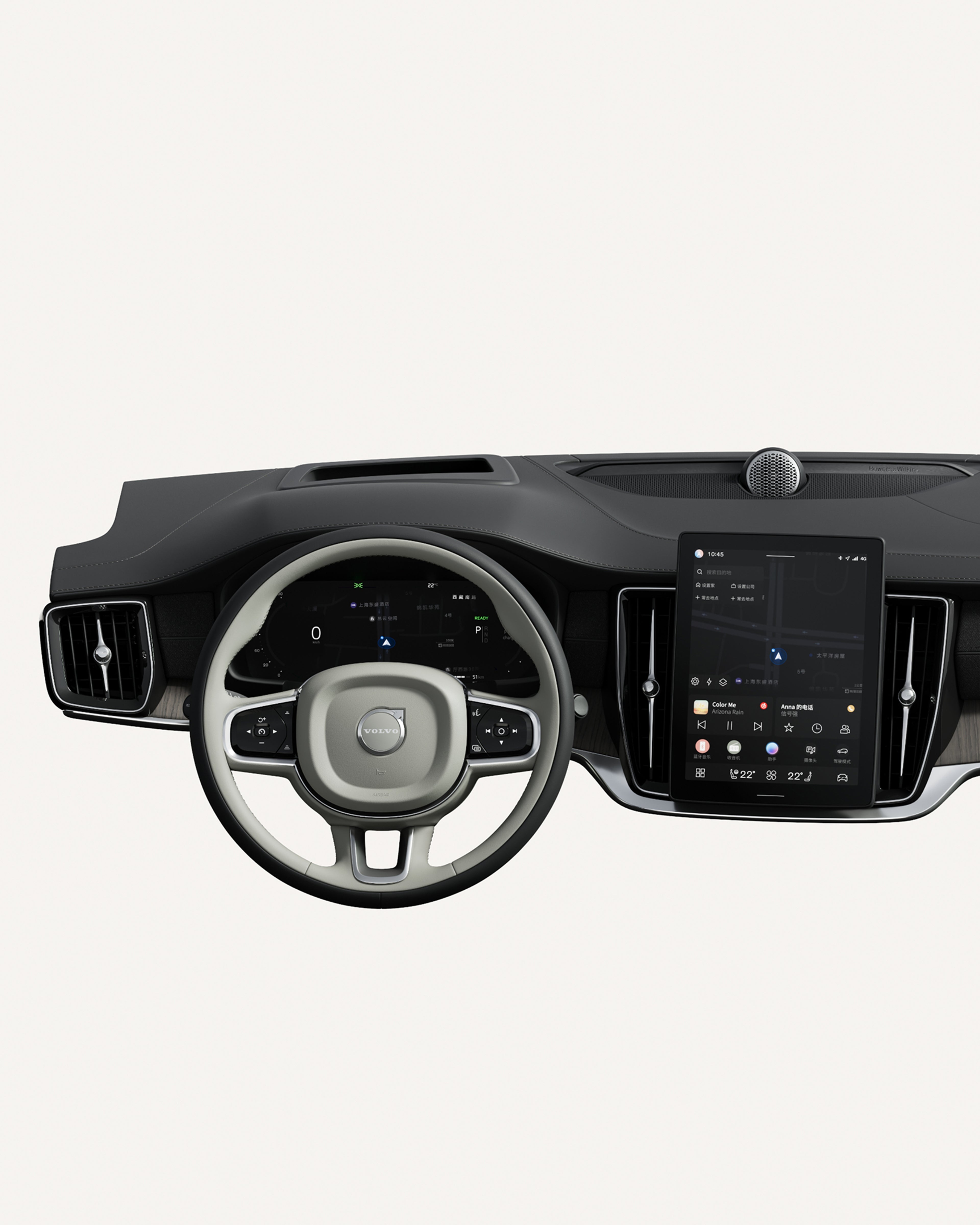 沃尔沃全新 S90 仪表盘车内视图,包括方向盘和触摸屏。