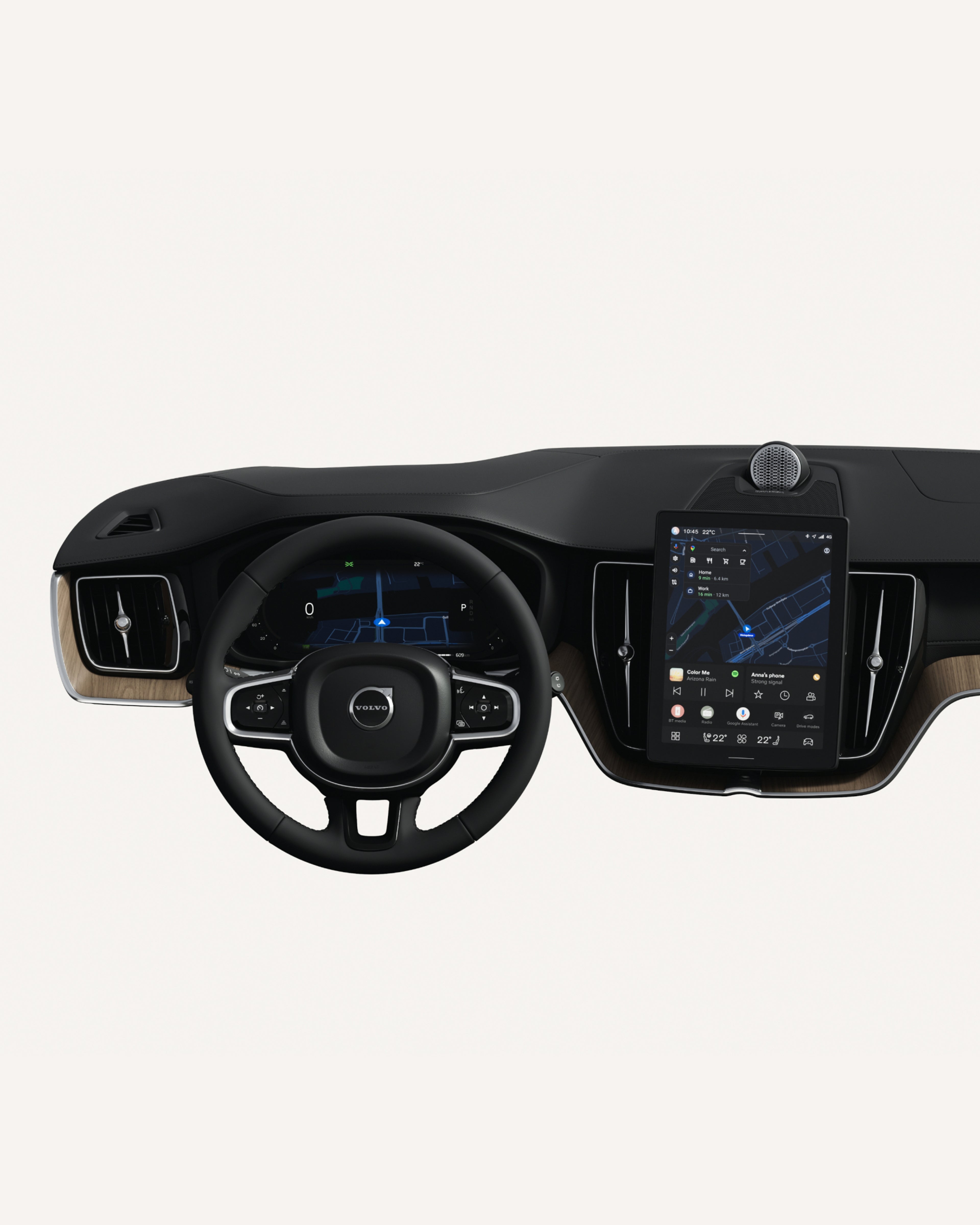 沃尔沃全新 XC60 仪表盘,包括方向盘和触摸屏的俯视图。