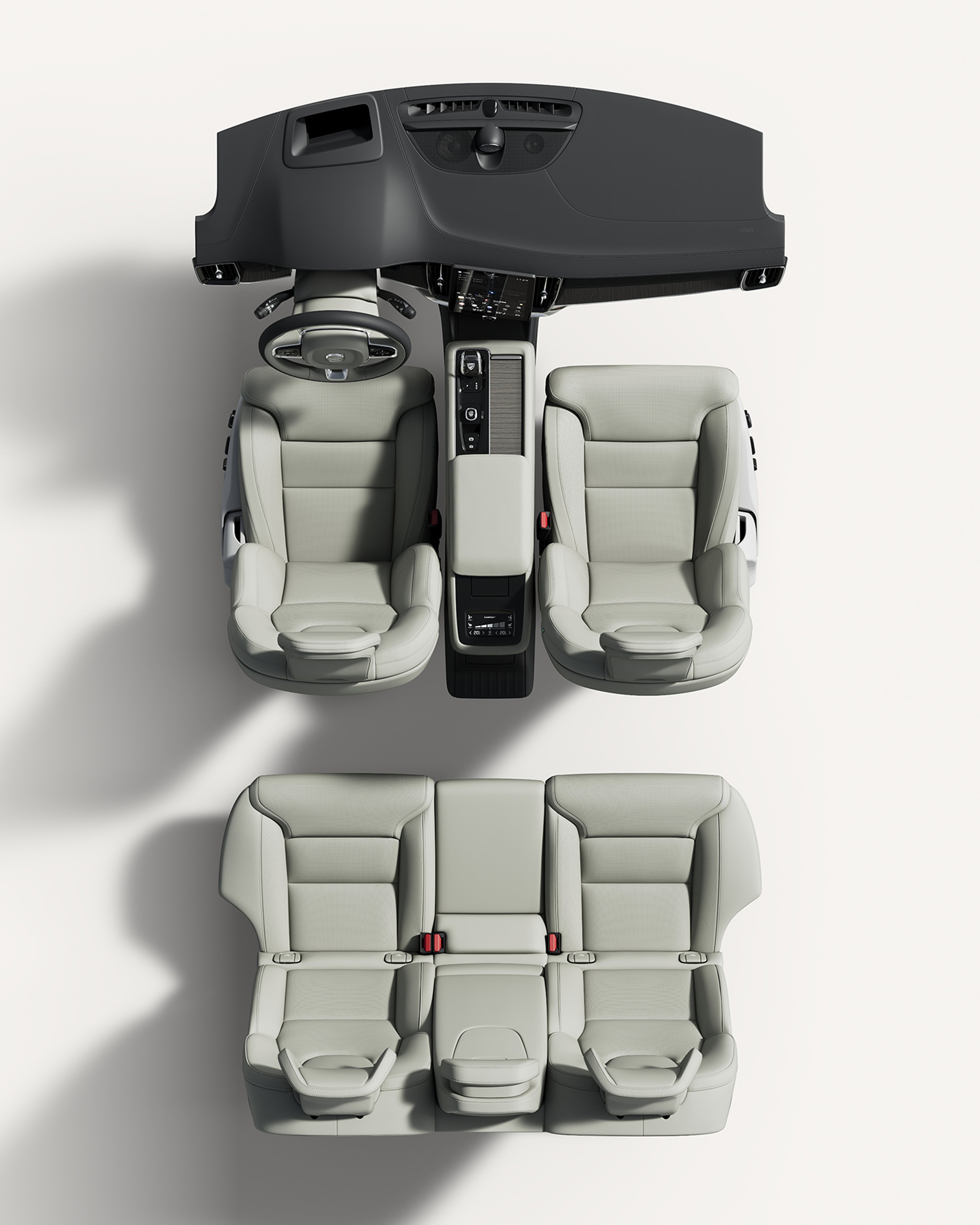 沃尔沃全新 S90 车内座椅和中控台俯视图。