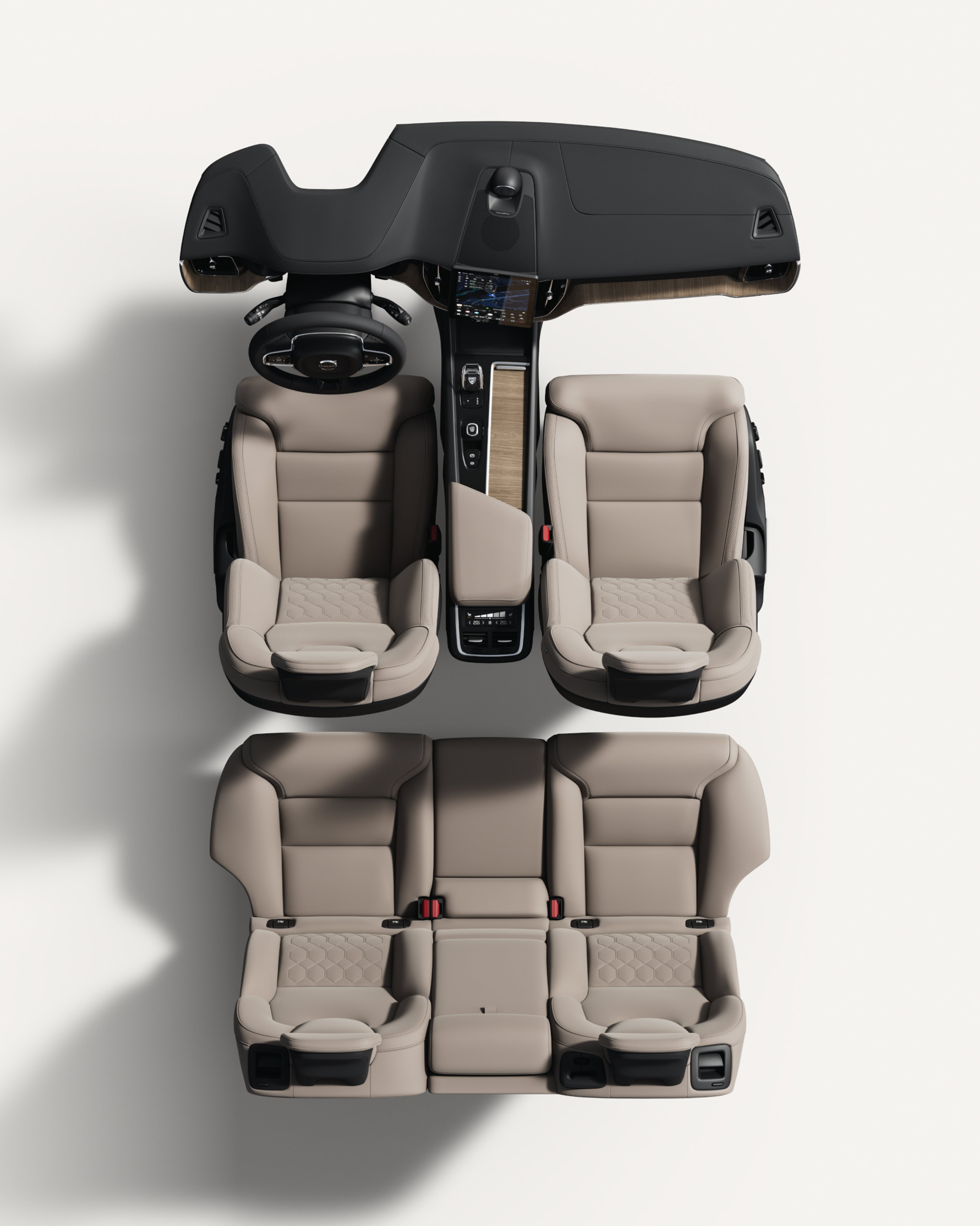 沃尔沃全新 XC60 车内座椅、仪表盘和中控台俯视图。