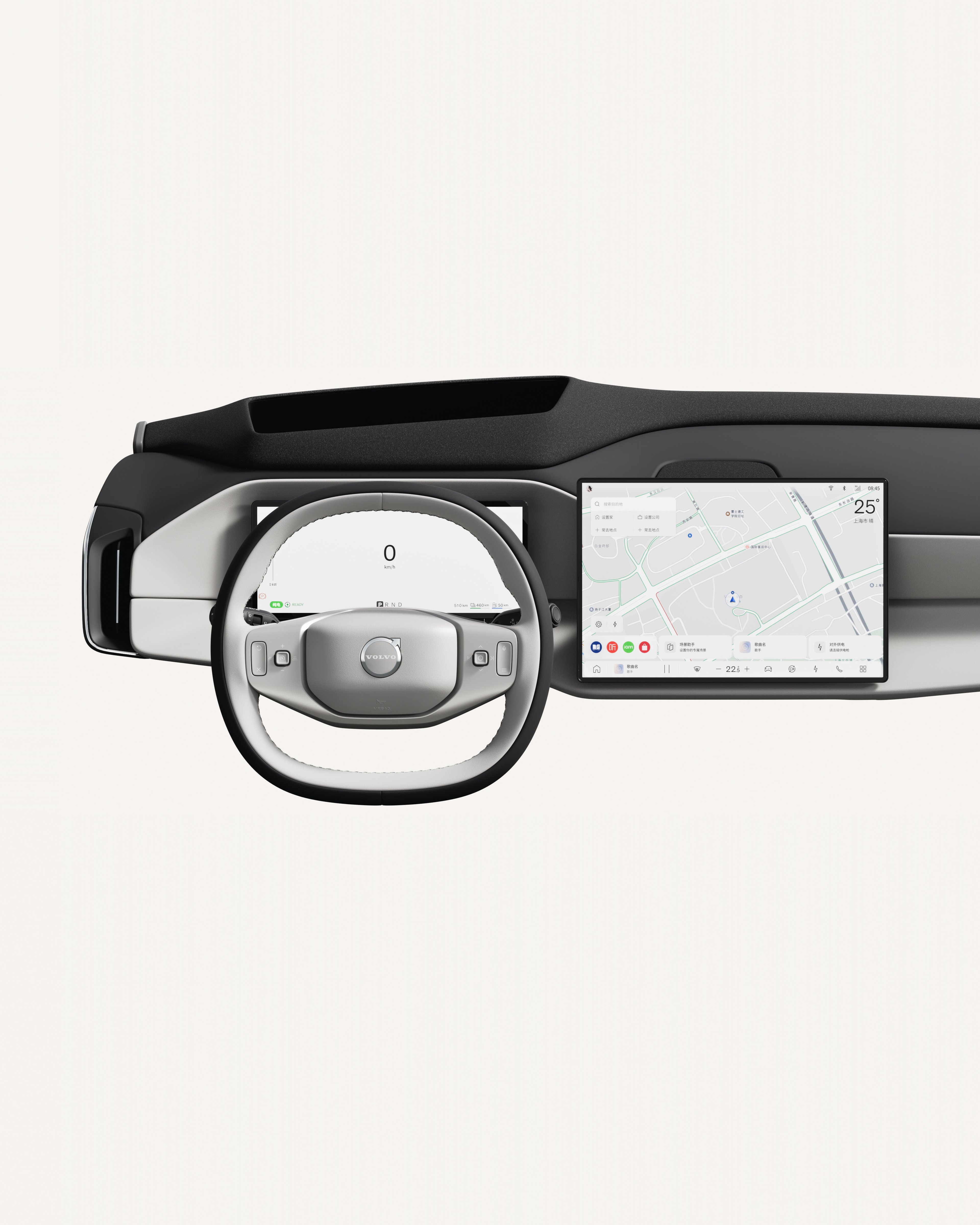 沃尔沃 XC70 仪表盘的内部视图,包括方向盘和 15.4 英寸触摸式显示屏。