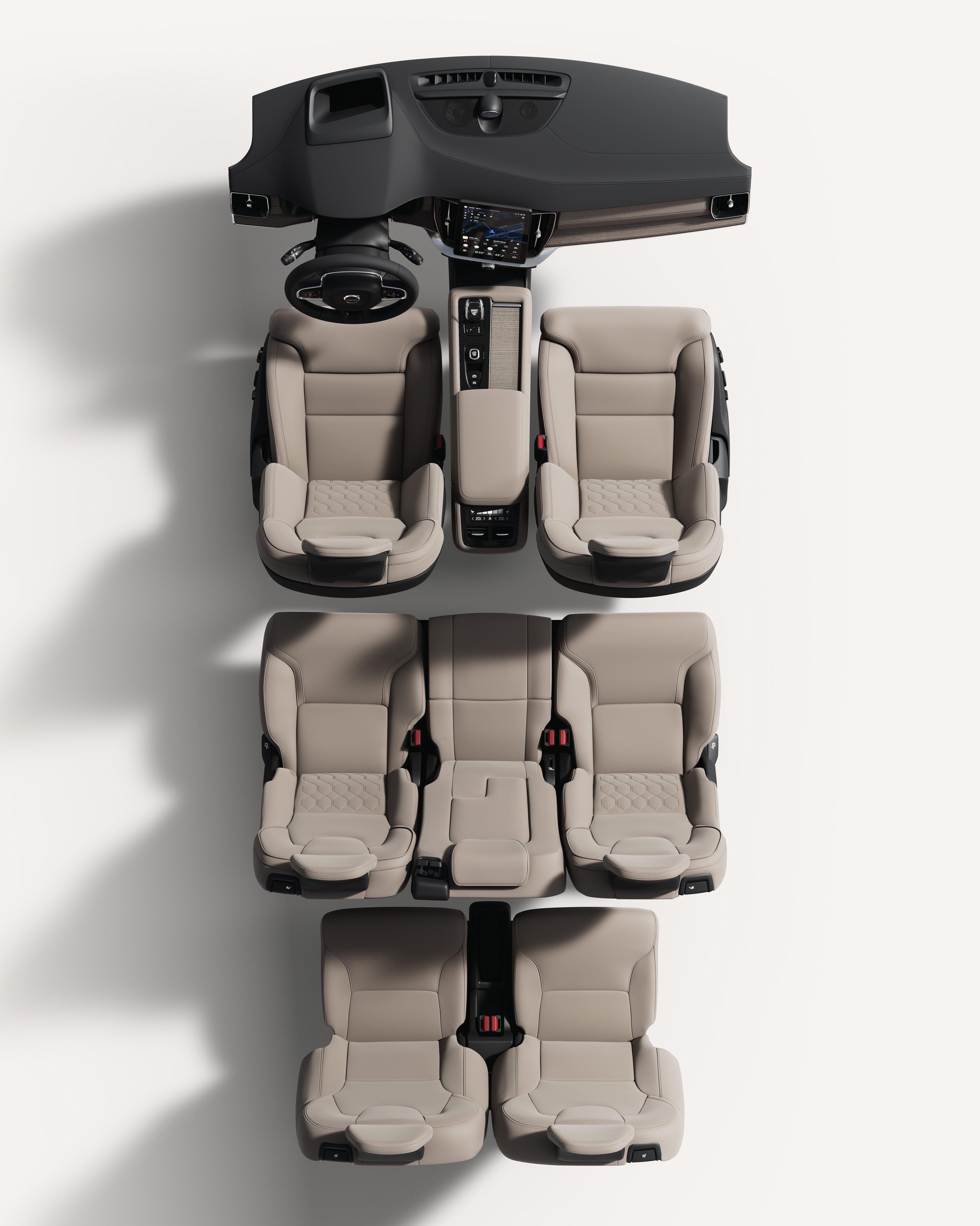 沃尔沃 XC90 车内座椅和中控台俯视图。