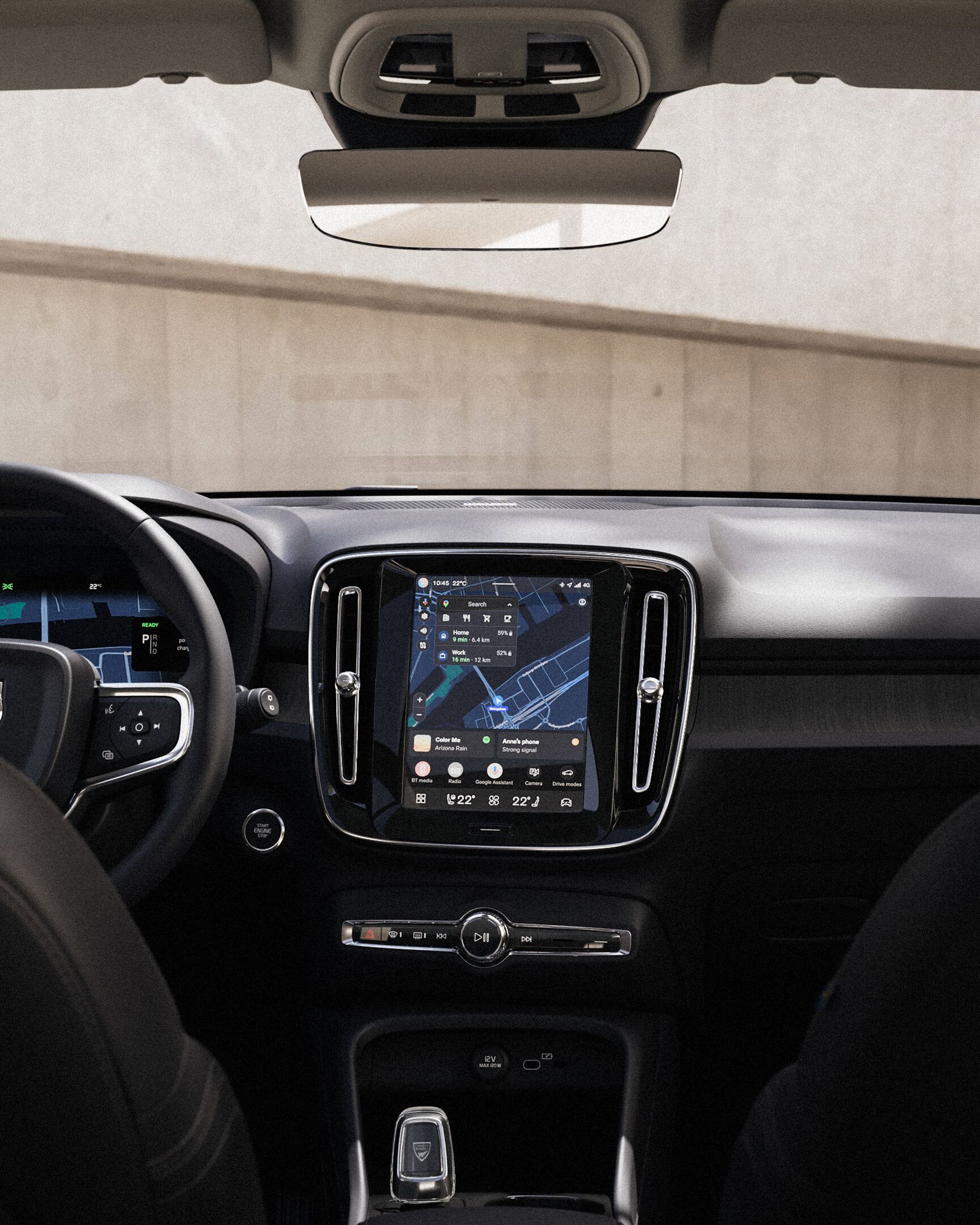 沃尔沃 XC40 中央触摸屏上的导航和媒体功能控件。