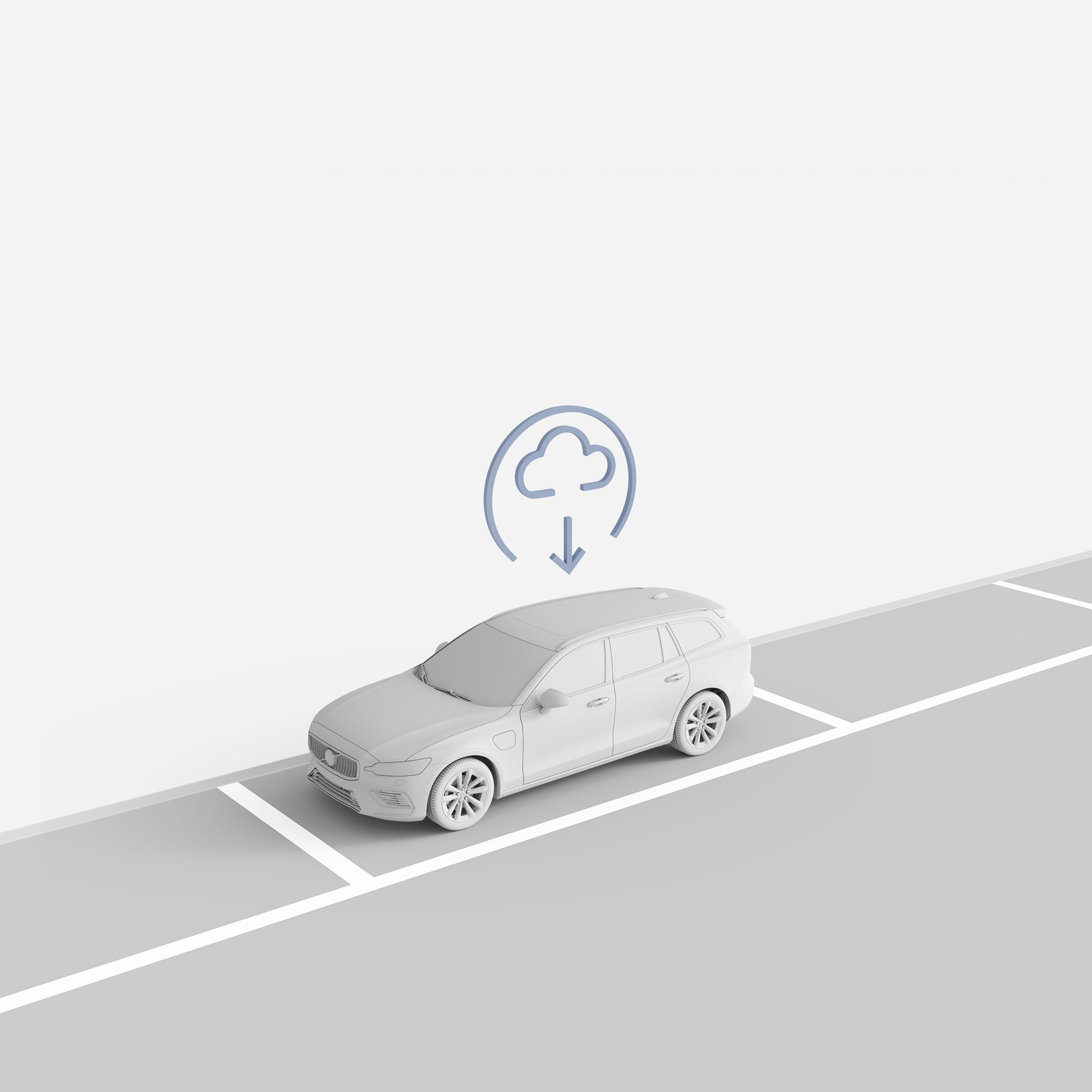 停车位中的沃尔沃汽车图,其中云图标代表 OTA 更新。