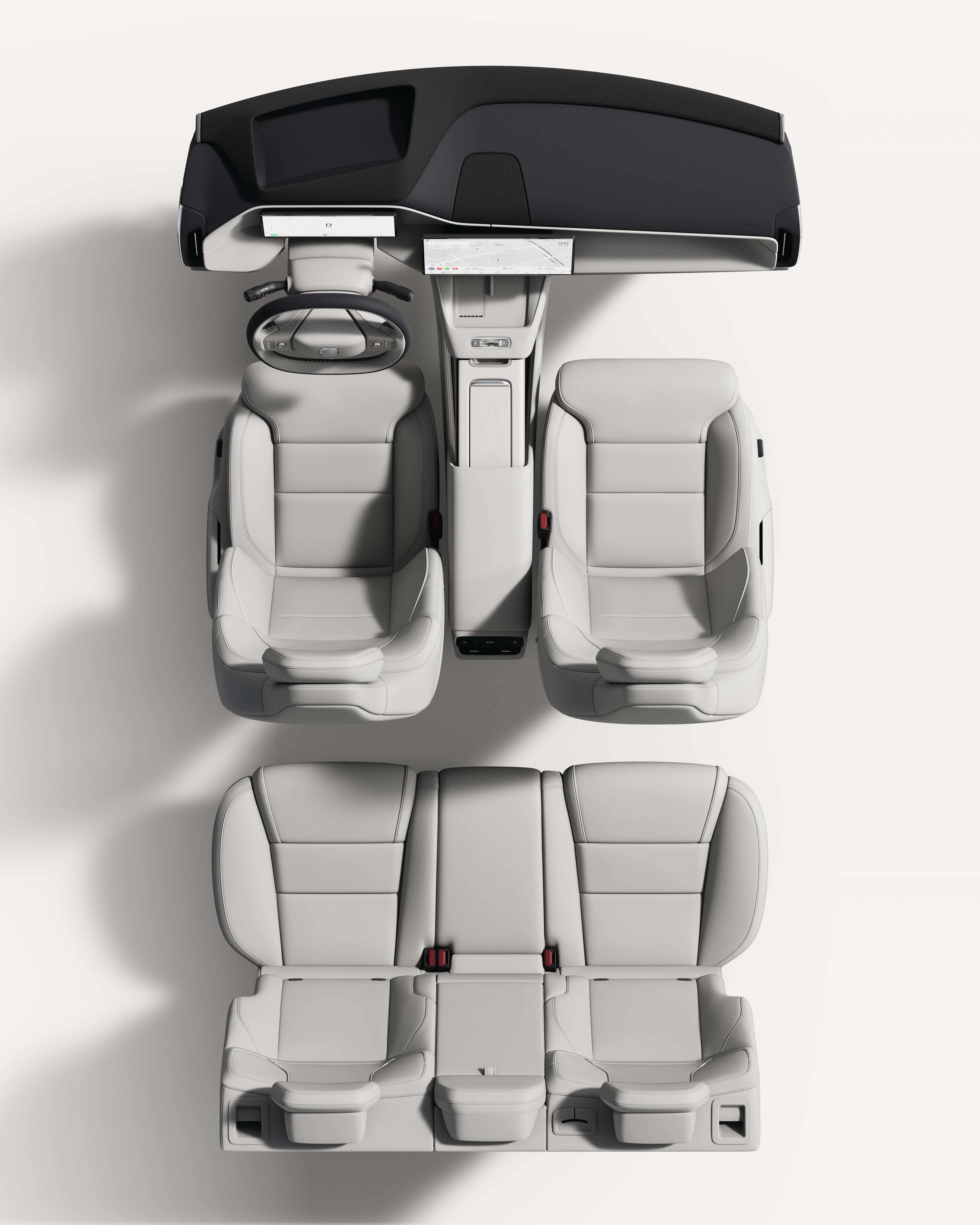 沃尔沃 XC70 车内座椅、仪表盘和中控台俯视图。