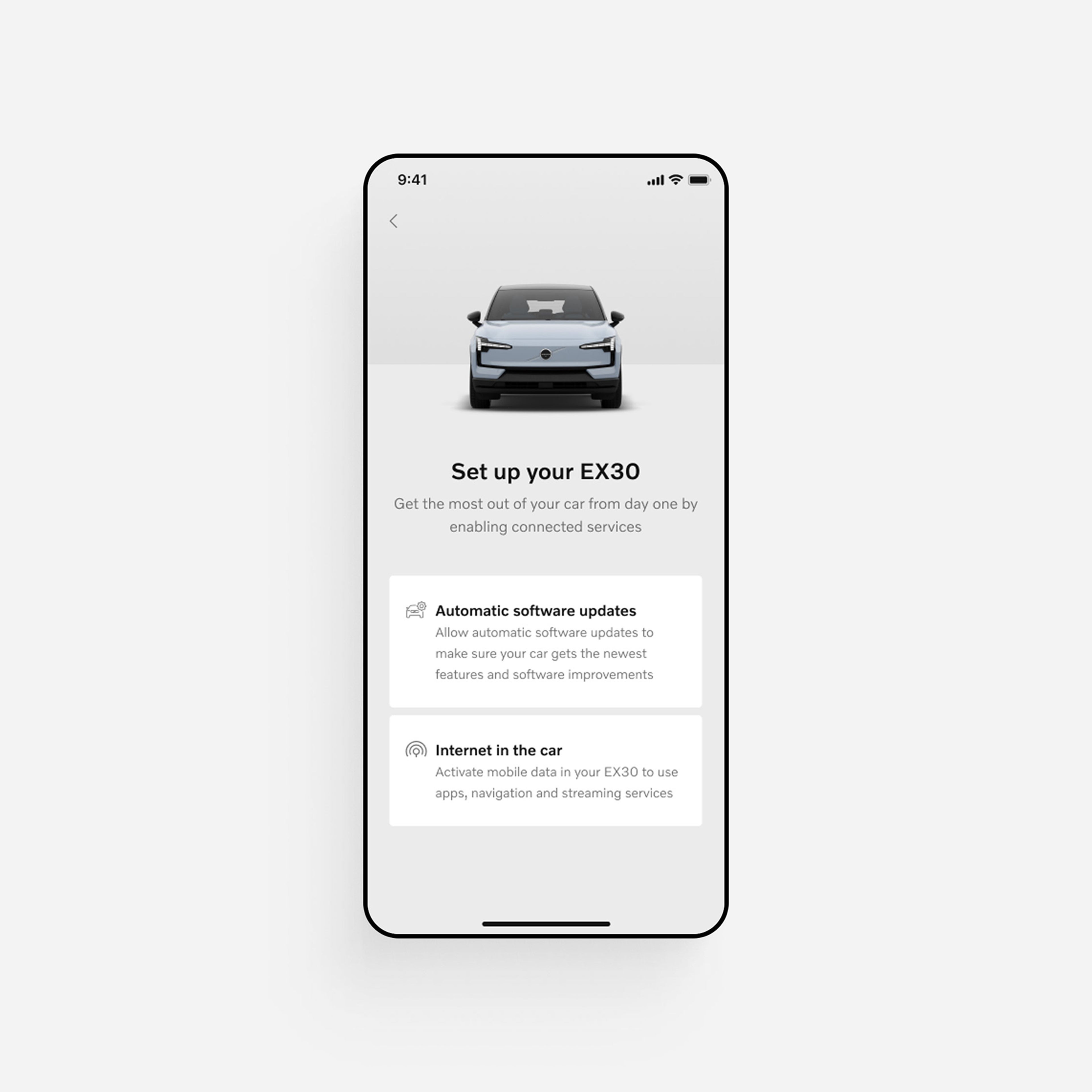 手机屏幕上的沃尔沃 EX30 应用程序,显示如何进行车辆设置。