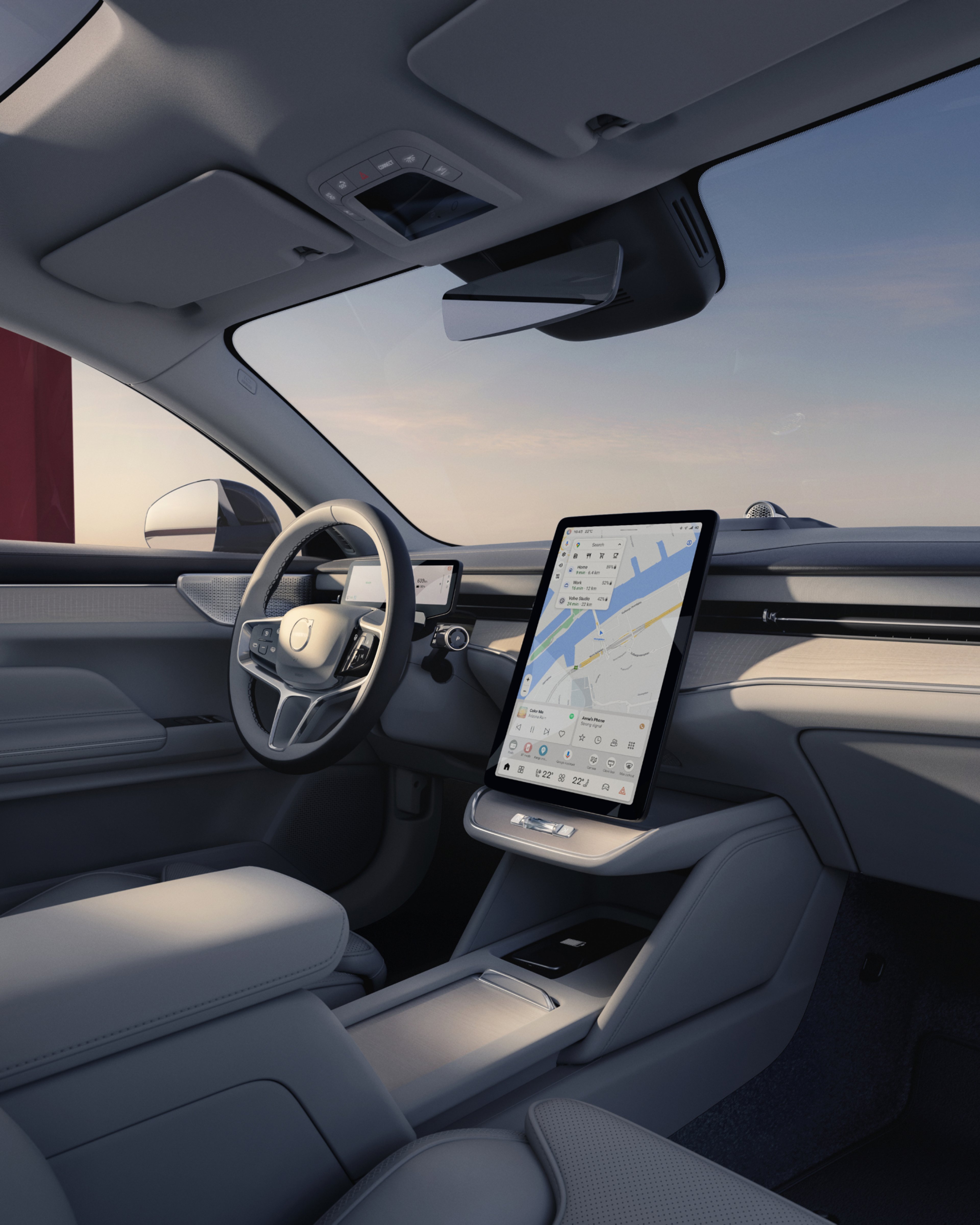 沃尔沃 ES90 内饰,展示方向盘与中央触控屏。