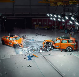 Two orange crash test vehicles have been crashed head-on inside a testing facility. The cars are severely damaged at the point of impact, with debris scattered across the floor.
